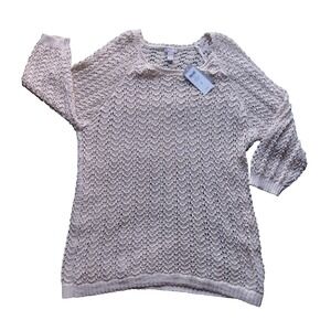 Chicos Constance Pullover Metallic Gold Open Knit Top XL Cream 3/4 Sleeve NWT